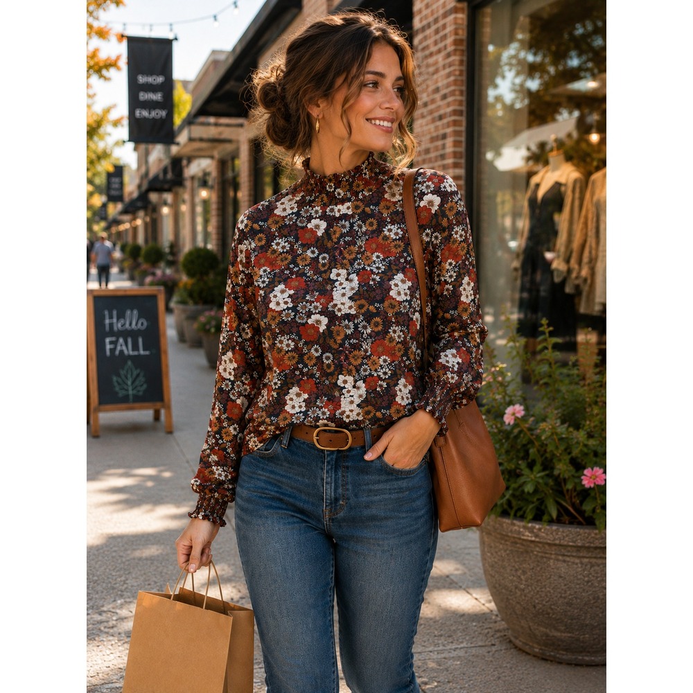 Smocked Mock Neck Floral Top Sz L Brown Rust Orange Boho Fall Prairie Autumn